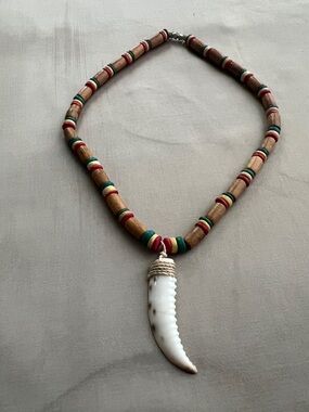 Unisex Handmade Wooden Bead Necklace with White Shell Pendant